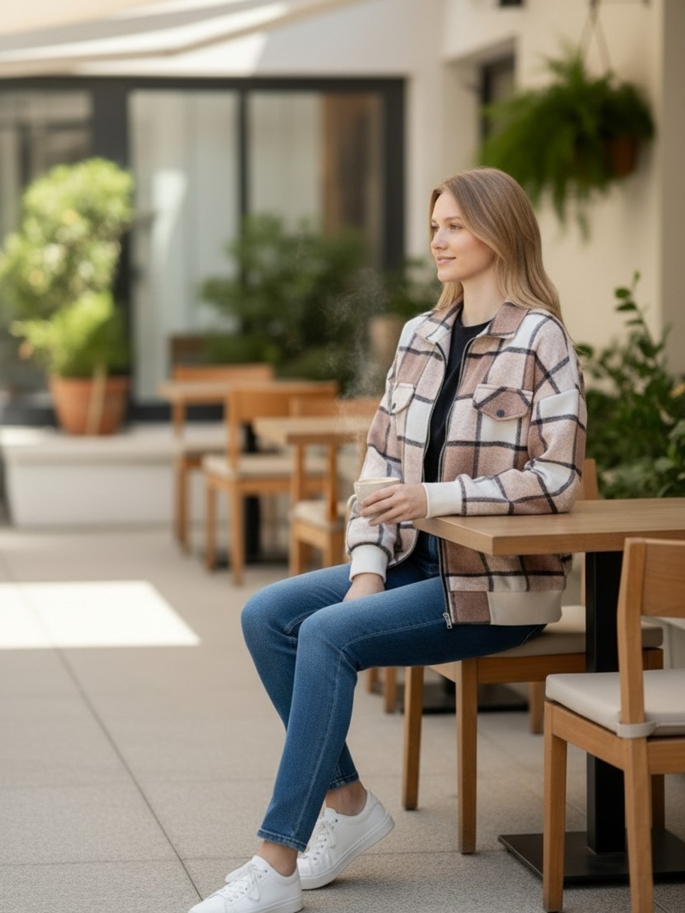 Brown Plaid Women’s Jacket - Zip Front Long Sleeve Ribbed Cuffs & Hem Misses Med